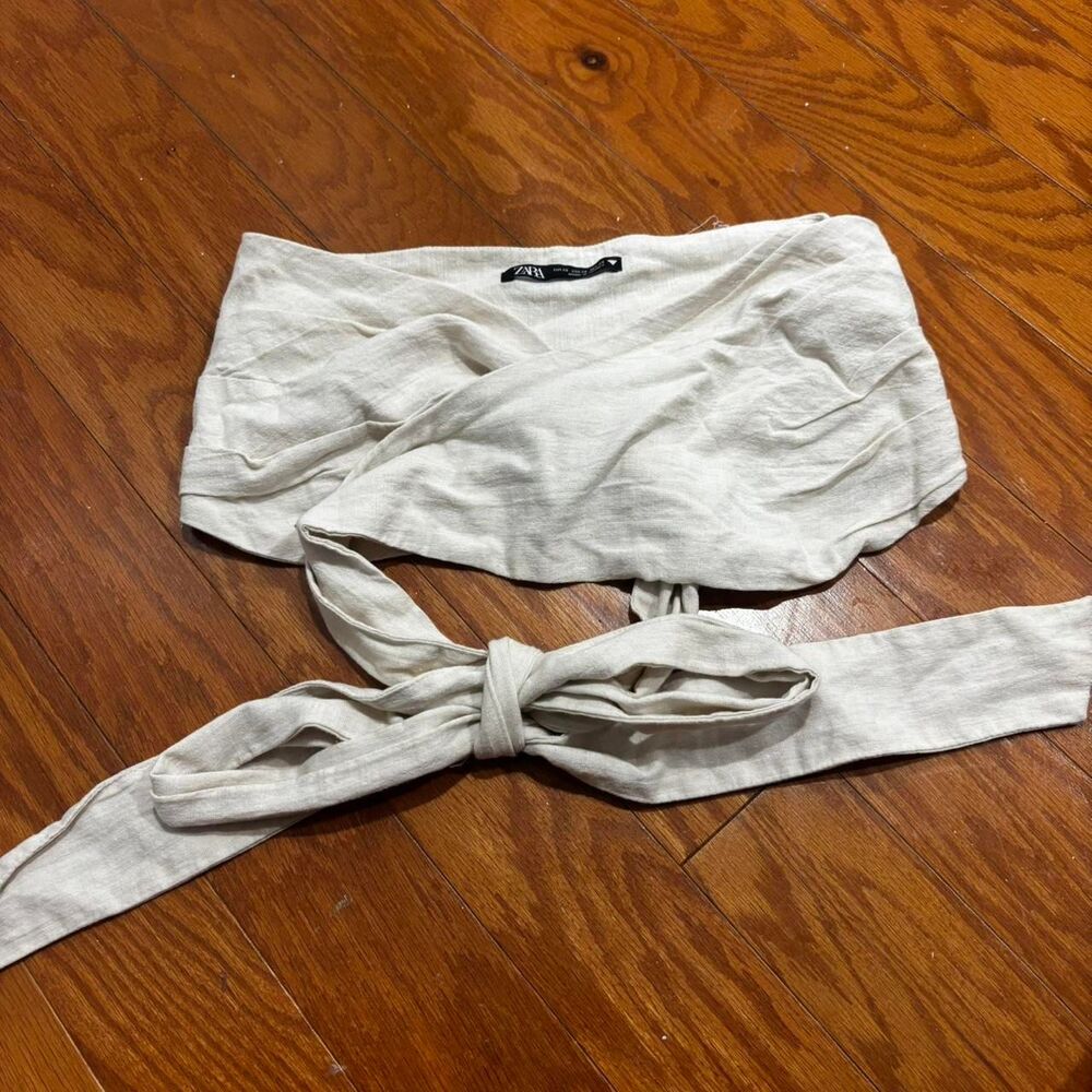 ZARA Crossover Strappy Bandeau Women's Linen XSmall Beach Cream Crop-top Blouse